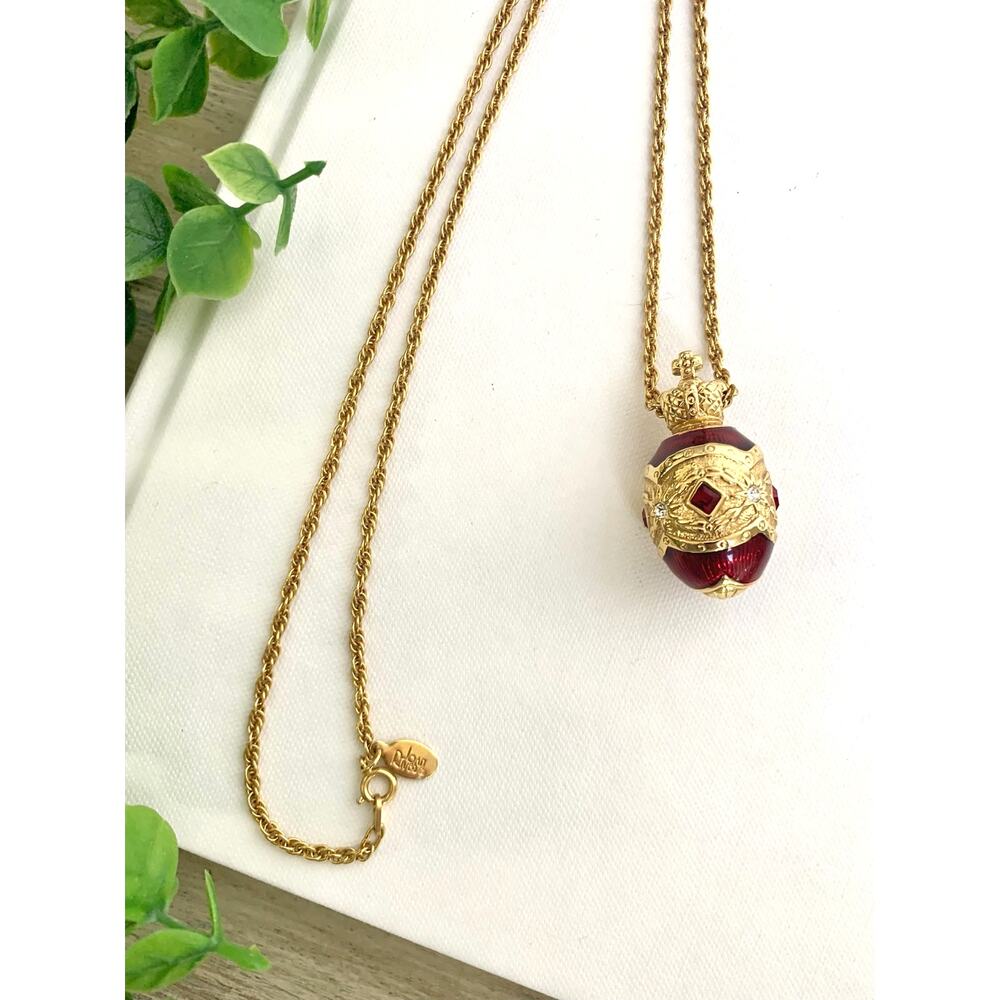 Vintage Joan Rivers Red Enamel Egg Pendant Necklace Crown Rhinestone Gold Tone